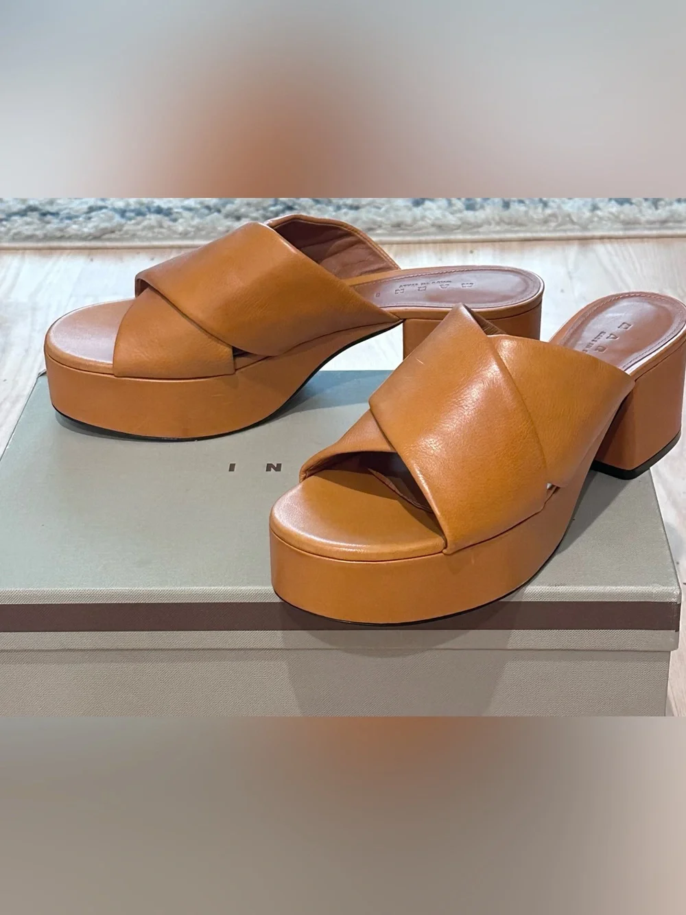 Marni Tan Cognac Leather Cross-Strap Platform Mules